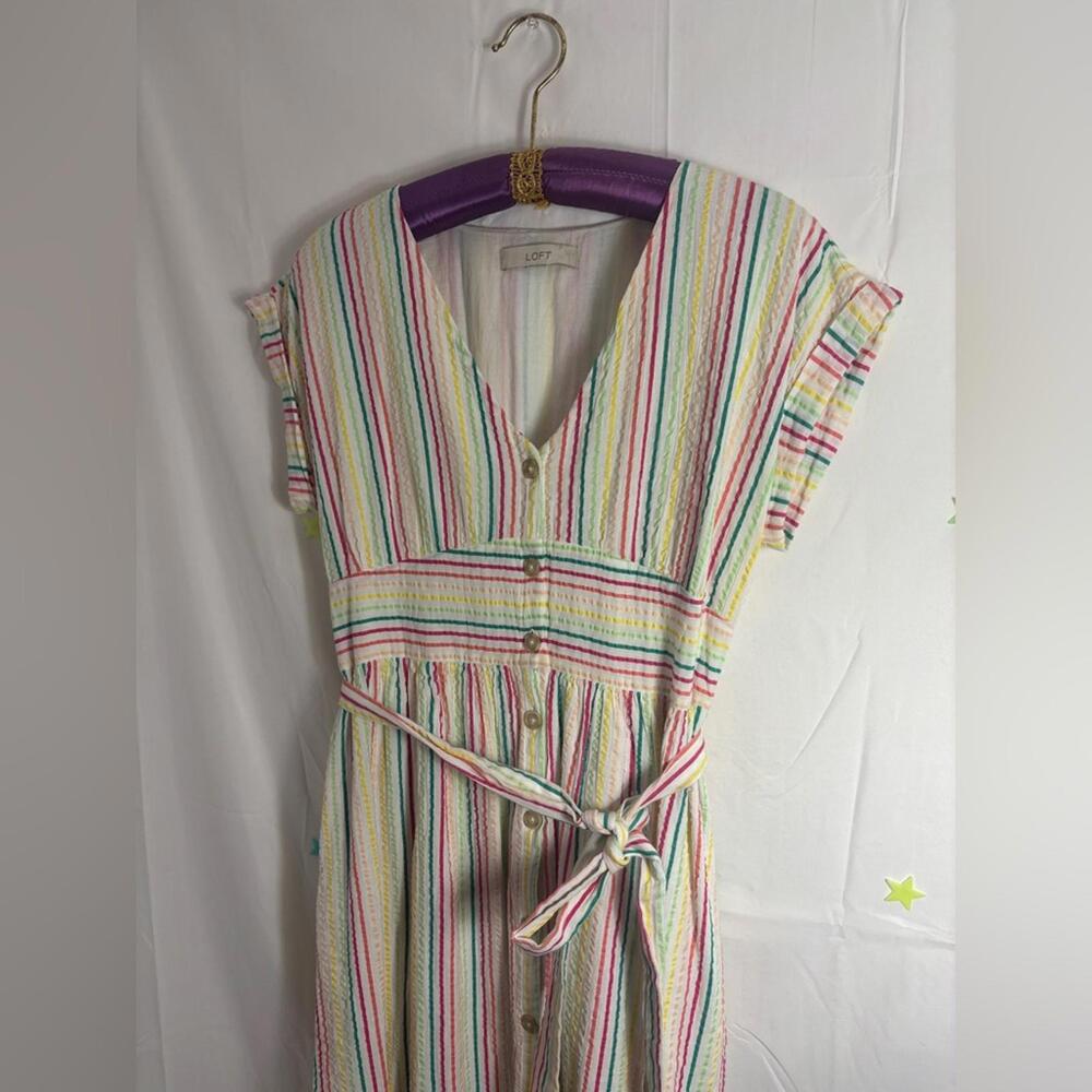 Pastel Striped Short Sleeve Textured Button Down+Tie Modest Femme Dress Size M